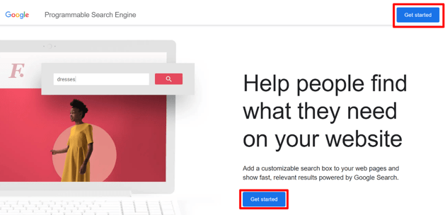 谷歌可编程搜索引擎页面，包含 Get Started 开始按钮。