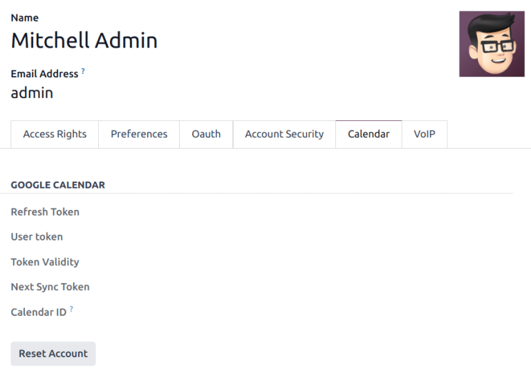 用户日历选项卡上突出显示的重置按钮。