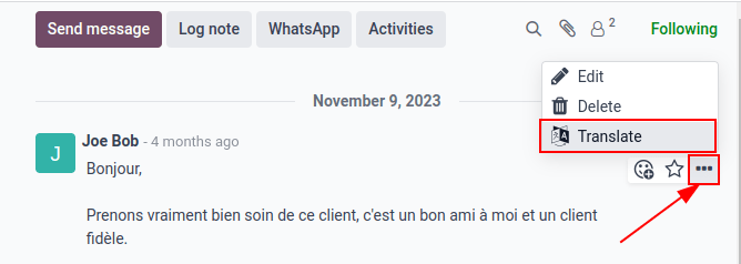 Google 翻译出现在 Odoo 数据库的沟通栏中。