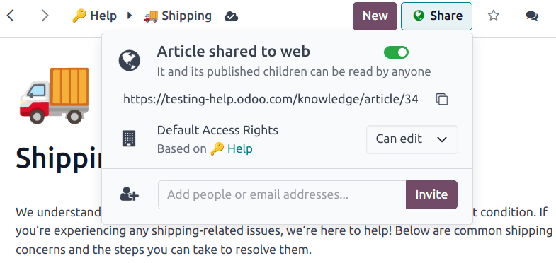 视图：知识库文章，分享和发布选项。