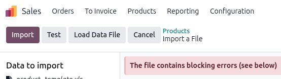 The import error message that appears if file columns don't match an Odoo Field.