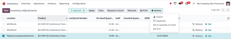 库存调整操作菜单。