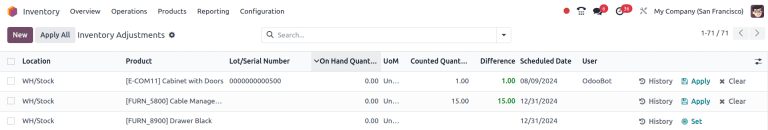 库存调整页面上列出的库存产品。