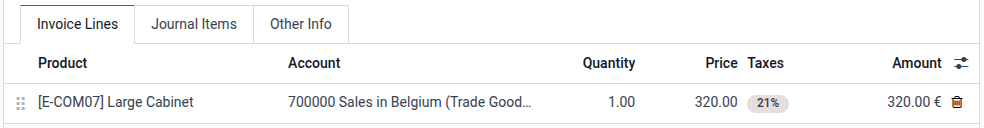 为发票行添加21%税。