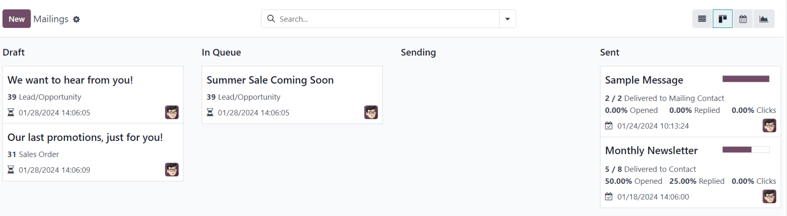 Odoo 电子邮件营销应用程序主仪表板的看板视图。