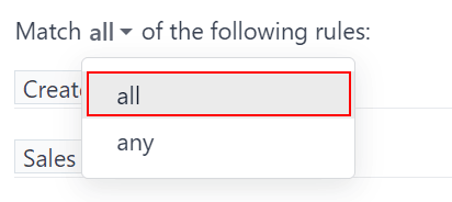 新增自订筛选器弹出视窗内，“符合所有规则” 选项的特写。