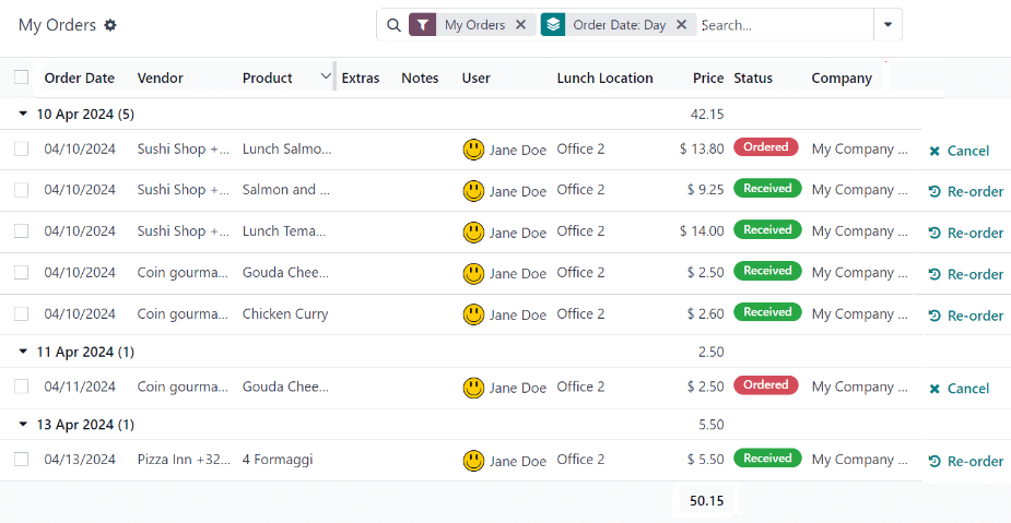 导航到“我的订单”仪表板时显示的列表视图。