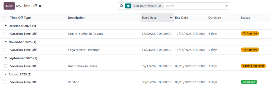 “我的休假”列表视图，其中显示了所有申请记录。