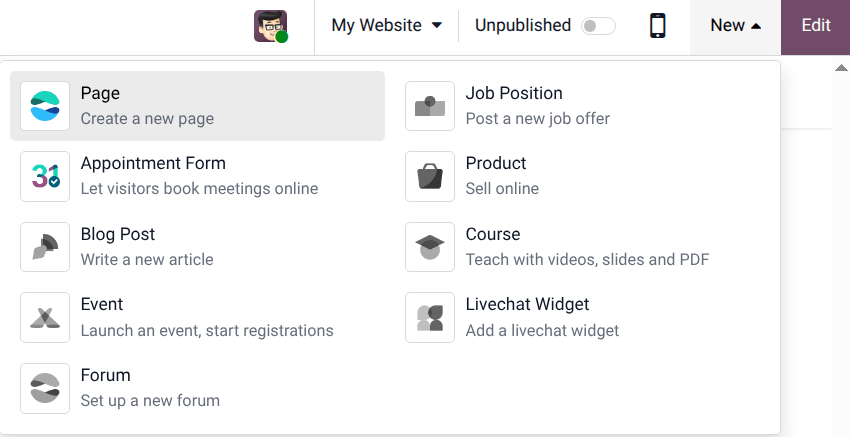 在 Odoo 中向网站添加新页面。