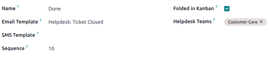 在 Odoo 服务台中查看阶段设置页面。