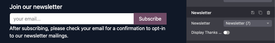 Odoo 网站页脚的通讯注册表单。