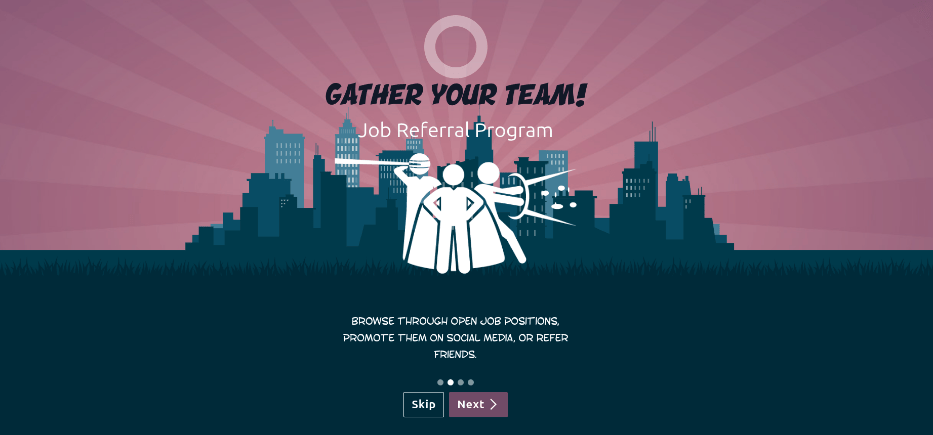 入门培训幻灯片，底部可见“跳过”和“下一步”按钮。