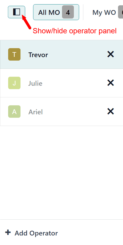 操作员面板，以及显示/隐藏面板按钮。