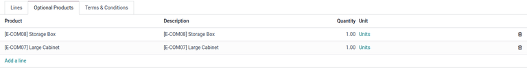 Optional products appearing on a typical sales order with Odoo Sales.