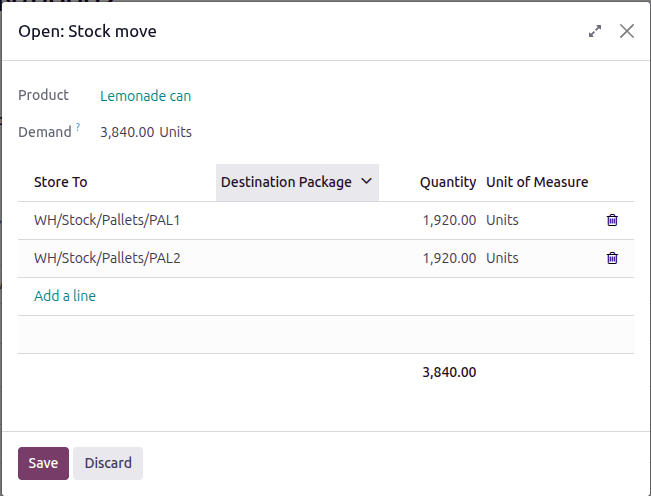 Update the Stock move box to route pallets to the correct locations before validating.