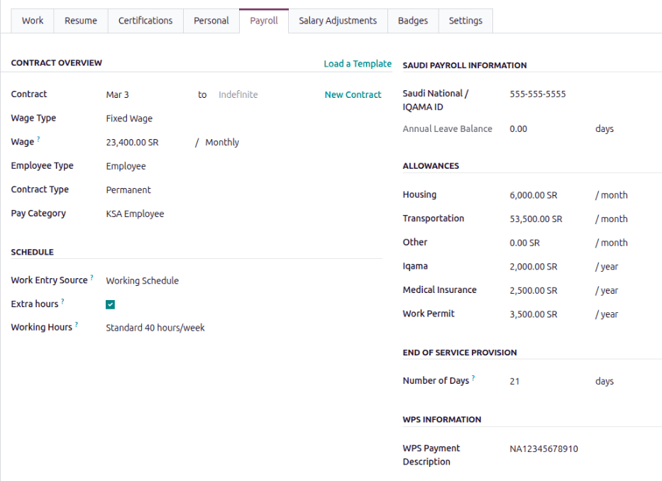 The contract overview section of the employee form of the payroll tab.