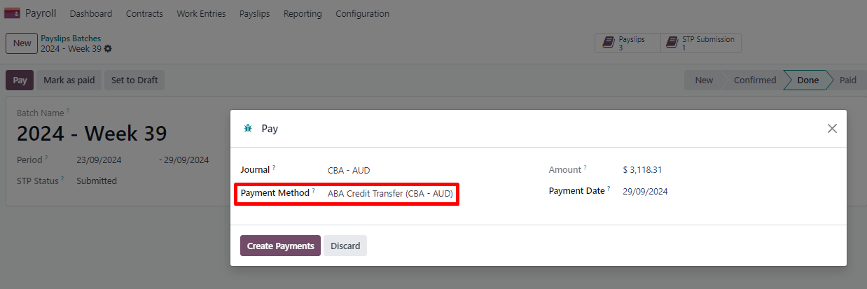 Selecting the payment method for a payslip batch.