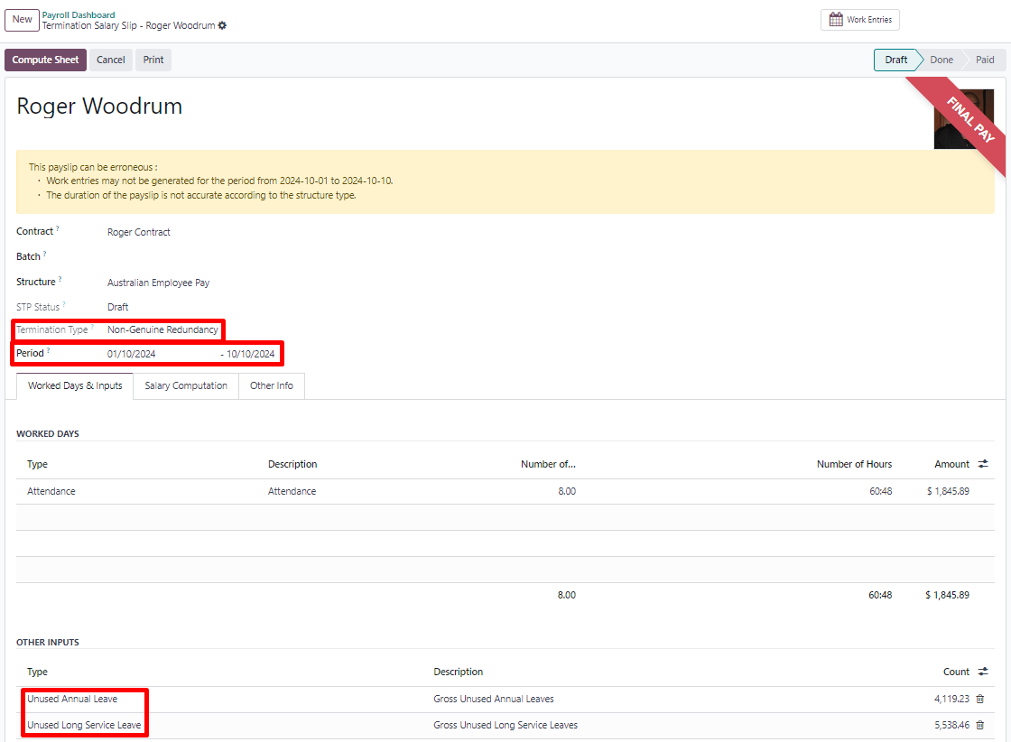 已终止雇员的非周期性工资单示例。