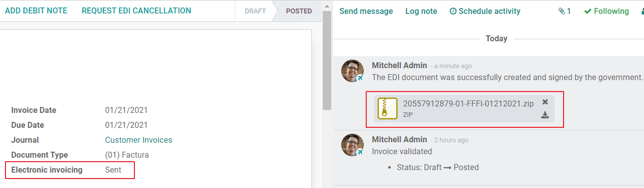 发票有效时，在沟通栏上显示消息。