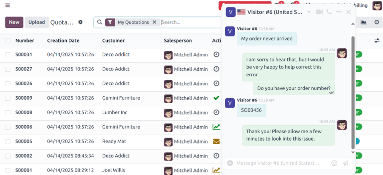 A live chat pop-up window in an Odoo database.