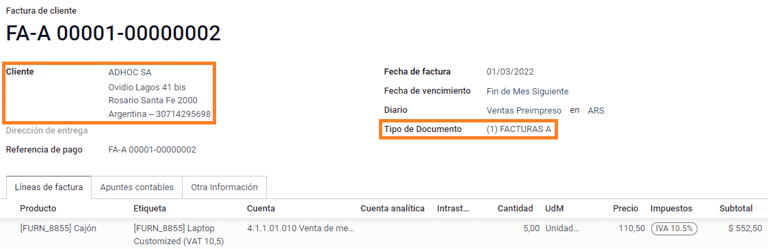 客户 IVA Responsable Inscripto 的发票，字首 A。