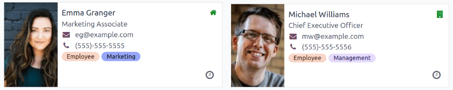 两张展示员工工作地点和状态的看板卡片。