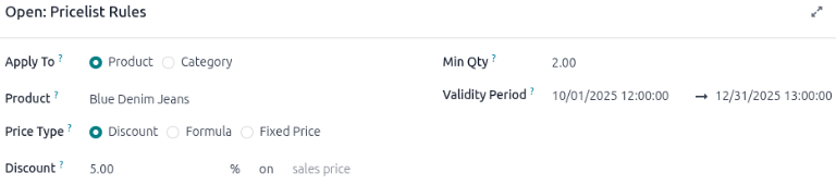 Pricelist Rules pop-up window.