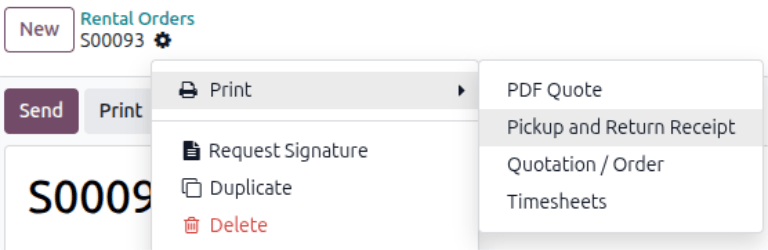 Odoo 租赁应用程序中的取货和退货收据打印选项。