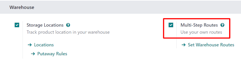 在库存应用程序设置中启用了多步补货路线功能。