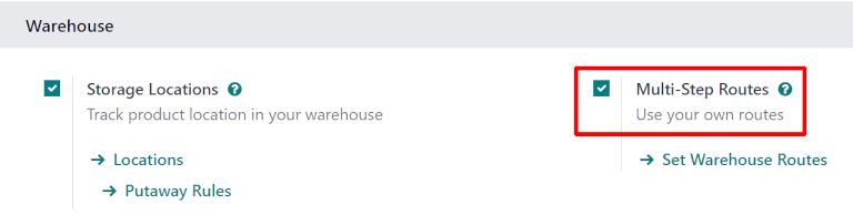 在库存设置中激活多步补货路线和存储位置。