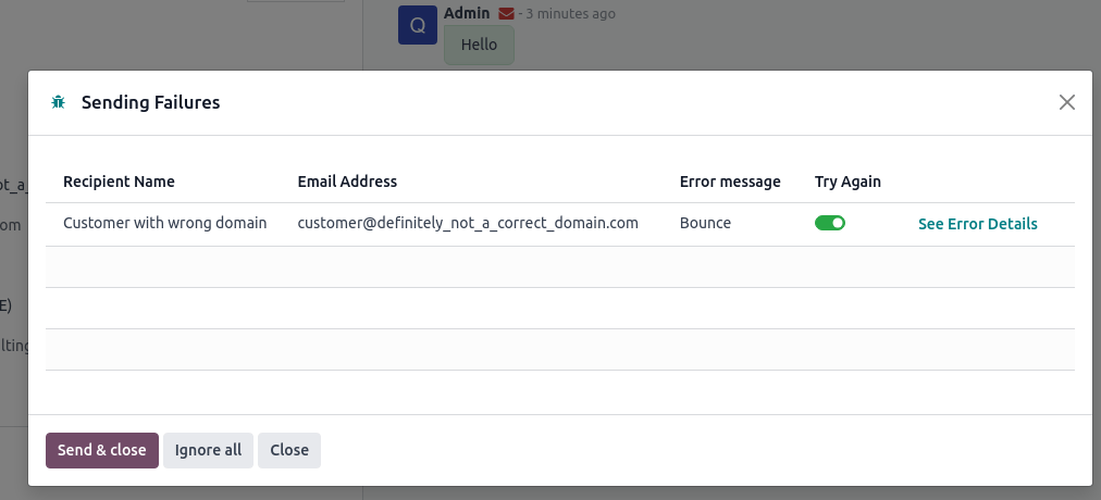 发送到错误域名的电子邮件会生成一个显示为红色信封的退回邮件。