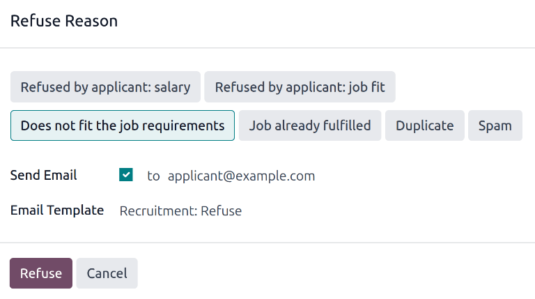 拒绝申请人时弹出的 “拒绝原因” 窗口。