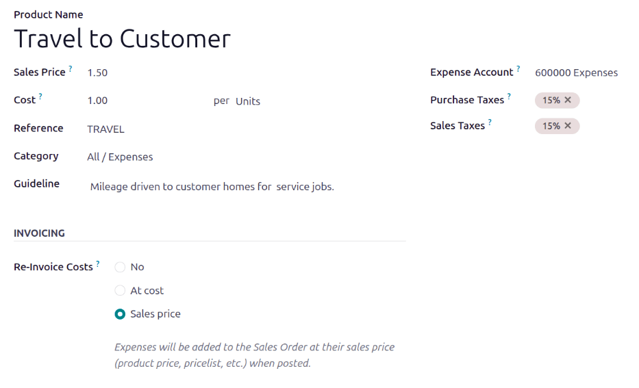 An expense category to reinvoice customers and pay technicians.