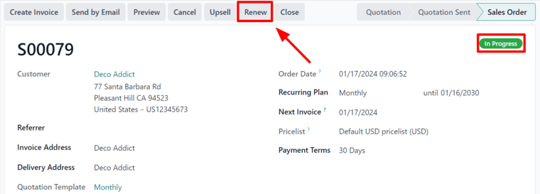 使用 Odoo 订阅应用程序，在订阅销售订单上添加续订按钮。