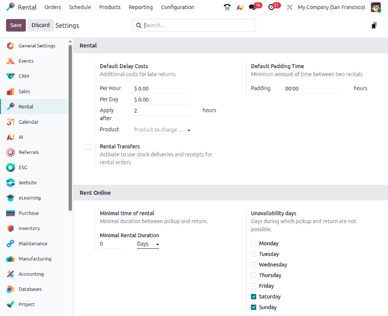 设置页面在 Odoo租赁应用程序中的显示方式。
