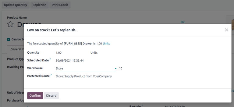 在产品表单上弹出补货窗口。