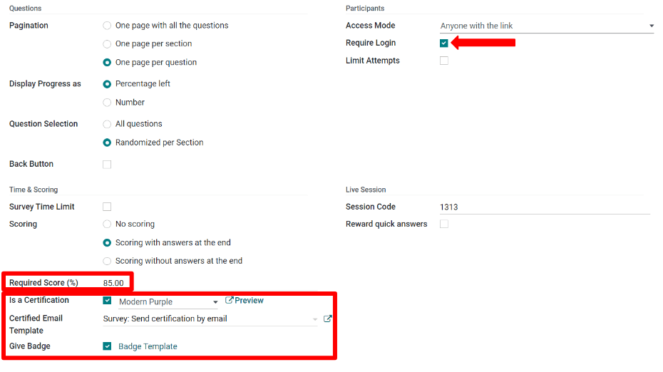 设置所需分数（百分比）、要求登录和认证模板。