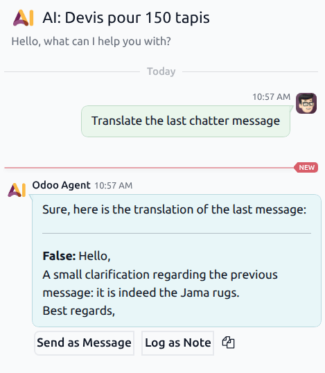 来自助手的响应，其中发送、记录和复制选项可见。