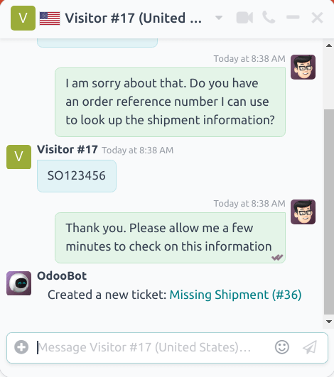 聊天窗口的视图，其中创建了Odoo Live Chat中的工单。