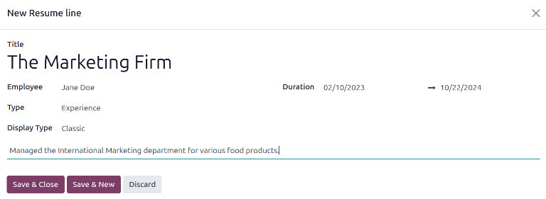 填写了所有信息的简历条目表格。