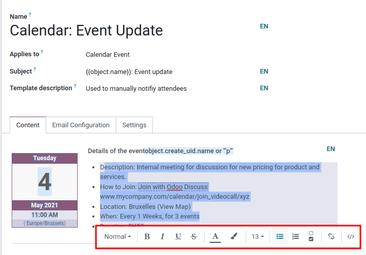 电子邮件模板中的富文本编辑器。