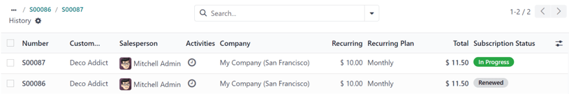 Odoo 订阅应用程序中的续订报价。