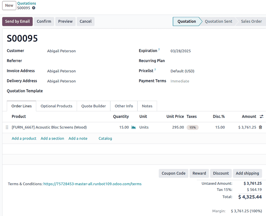 Odoo **销售** 应用中的未确认销售报价单。