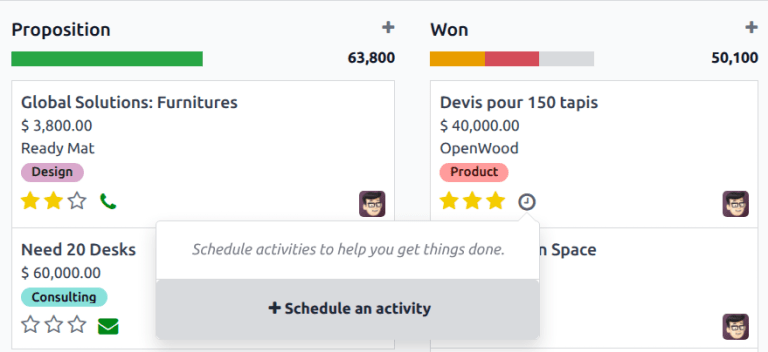 客户关系管理渠道的看板视图，以及安排活动的选项。