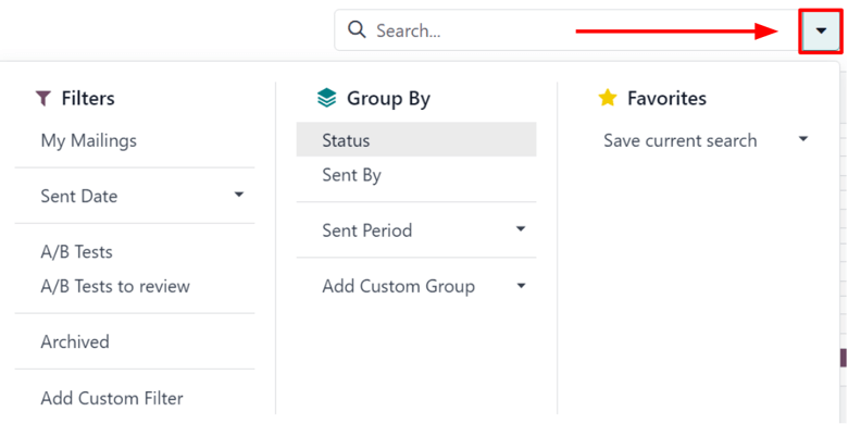 Odoo 电子邮件营销应用程序搜索选项的下拉式巨型菜单。