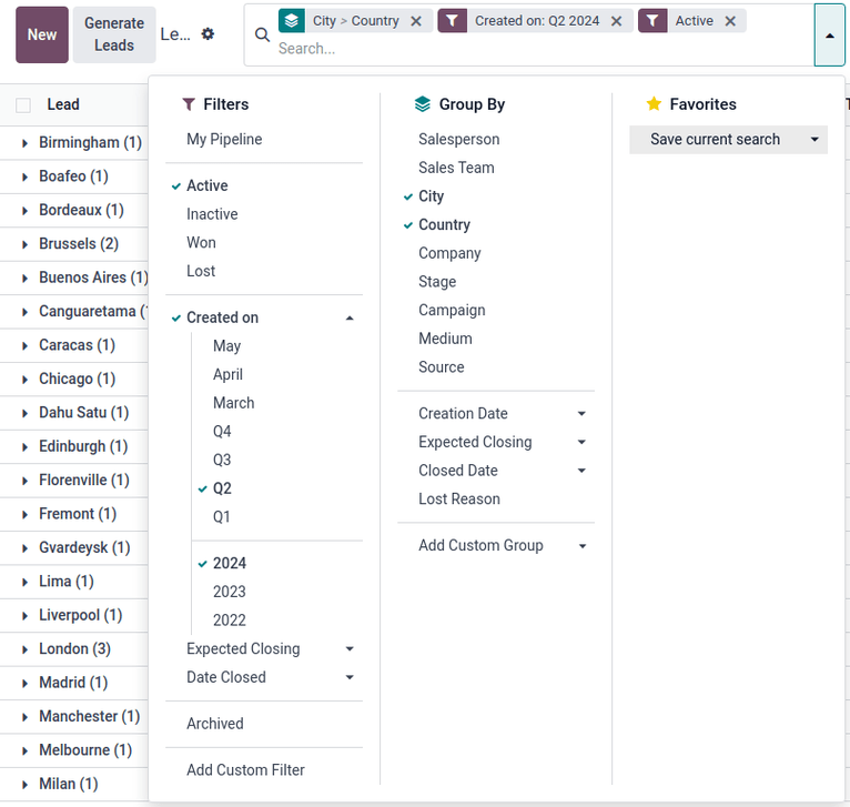 在搜索选项中选择任意数量的筛选器和组。