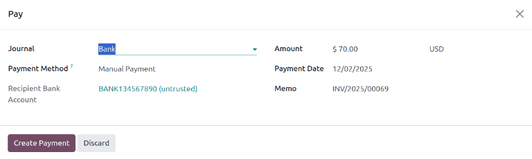 The second Pay pop-up form in Odoo sales.