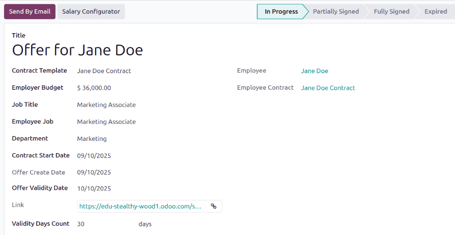 通过其中一个按钮将合同发送给员工。