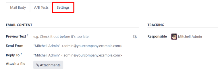 视图：Odoo 电子邮件营销应用程序中的设置选项卡，但未激活活动设置。