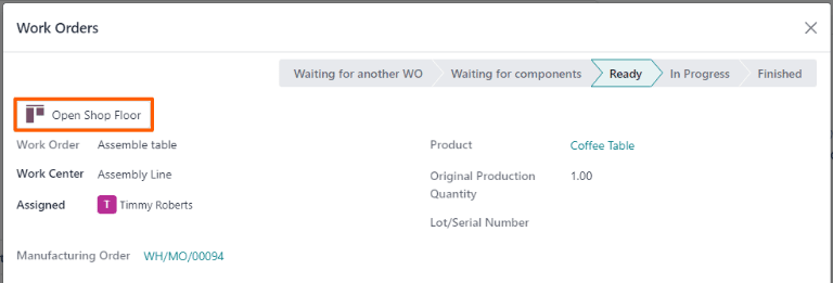 制造订单上工单的 “打开车间” 按钮。